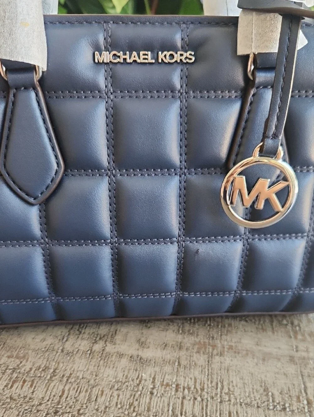 Michael Kors Navy Quilted Leather Satchel with Gold MK Charm. New!